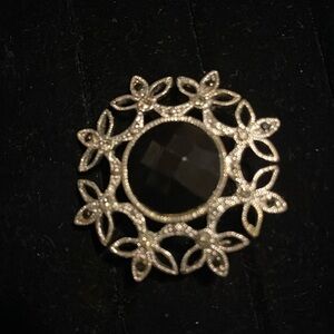 Vintage Gothic Black Stone Silver Tone Brooch